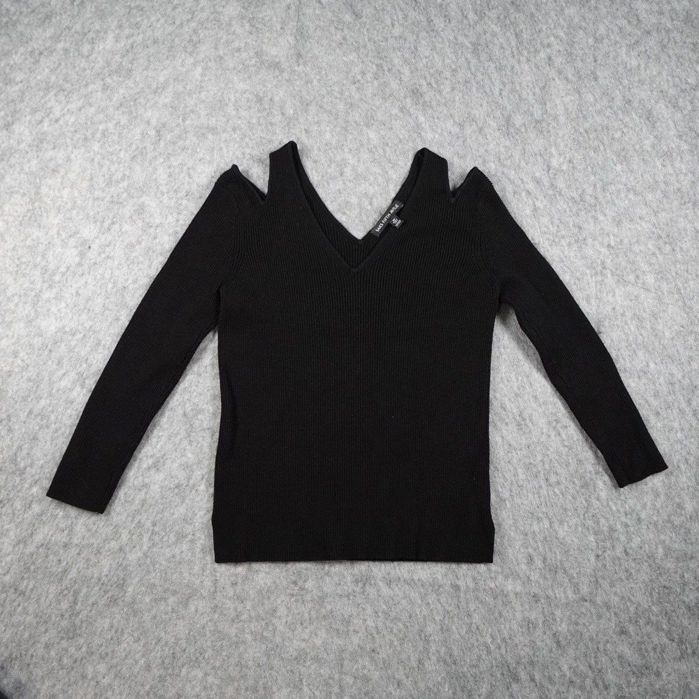 Saks Fifth Avenue Sweater Women Small Black Cold Shoulder Ribbed V Neck Knit